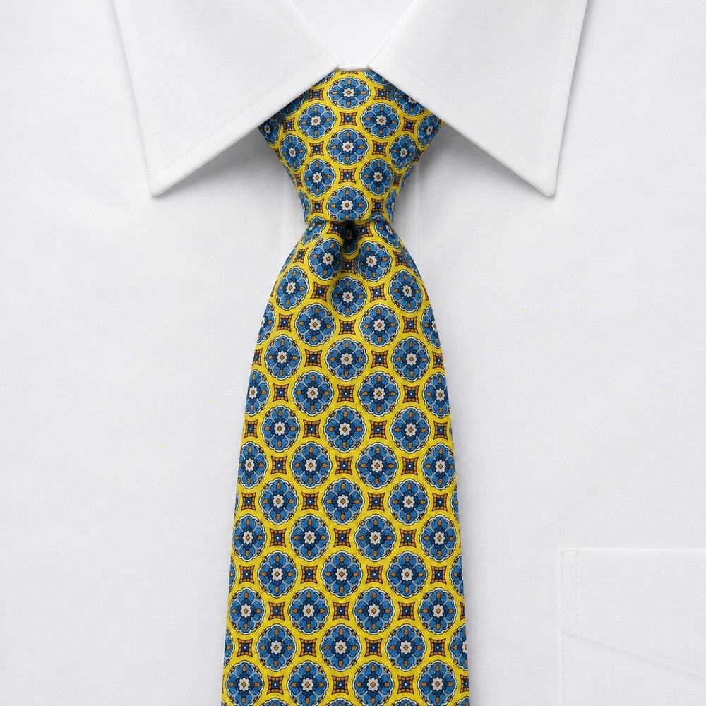 Cremieux Silk Cotton Tie Mens 60" Yellow Blue Floral Medallion Made in Italy